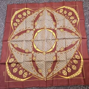 Bally Geometric Silk Scarf in Rust, Gold, and Beige